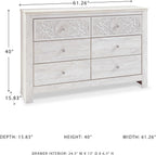 Signature Design by Ashley Paxberry 6 Drawer Dresser, Arrives Pre-Assembled, Engineered Wood and Decorative Laminate, Boho Chest of Drawers for Bedroom, Whitewash, 62"W x 16"D x 40"H