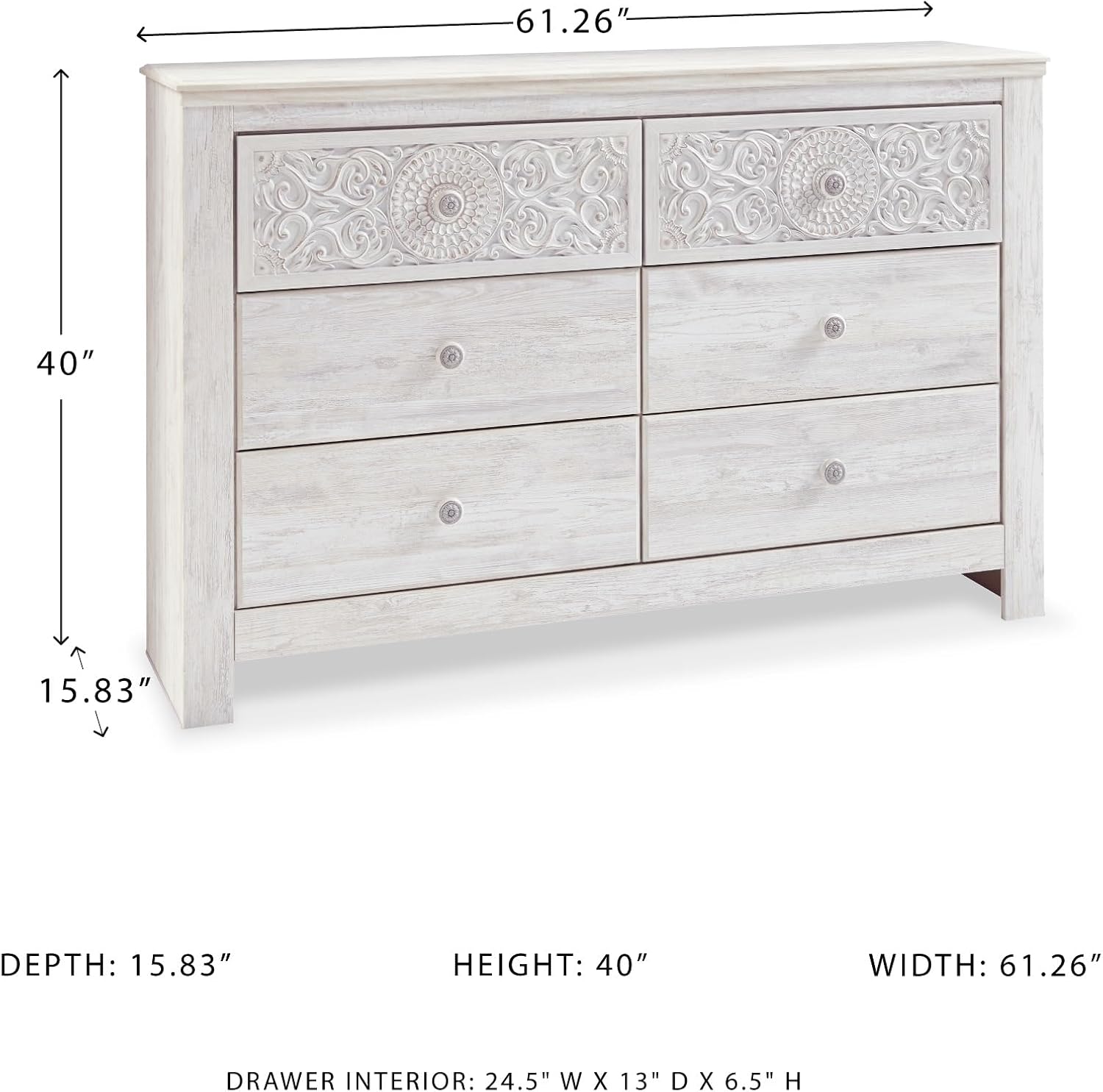 Signature Design by Ashley Paxberry 6 Drawer Dresser, Arrives Pre-Assembled, Engineered Wood and Decorative Laminate, Boho Chest of Drawers for Bedroom, Whitewash, 62"W x 16"D x 40"H