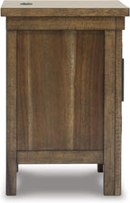 Signature Design by Ashley Moriville Rustic Farmhouse End Table with 1 Cabinet Door and USB Ports, Brown