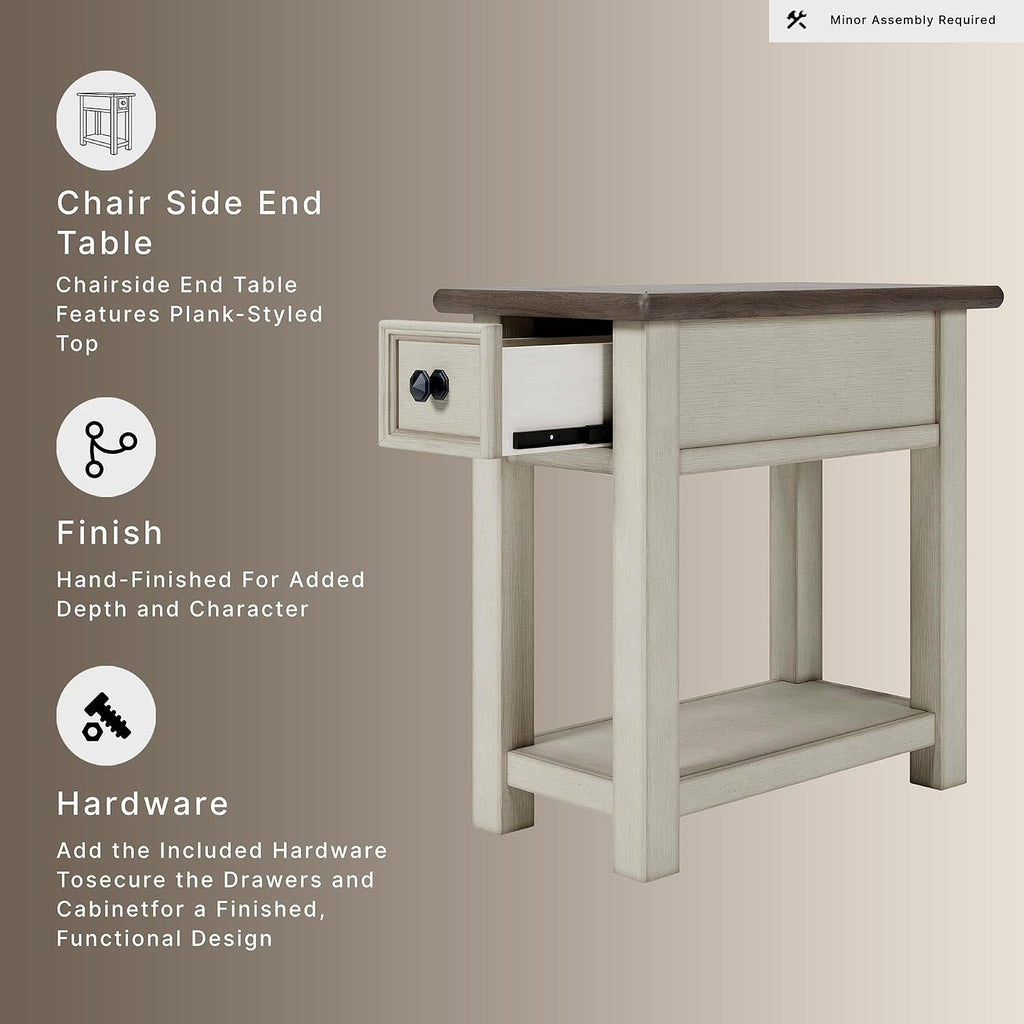 Signature Design by Ashley Bolanburg Chairside End Table With Charging Station, Two-Tone Wood Accent Table With Drawer Storage, Plank Top Design for Living Room or Bedroom, Antique White
