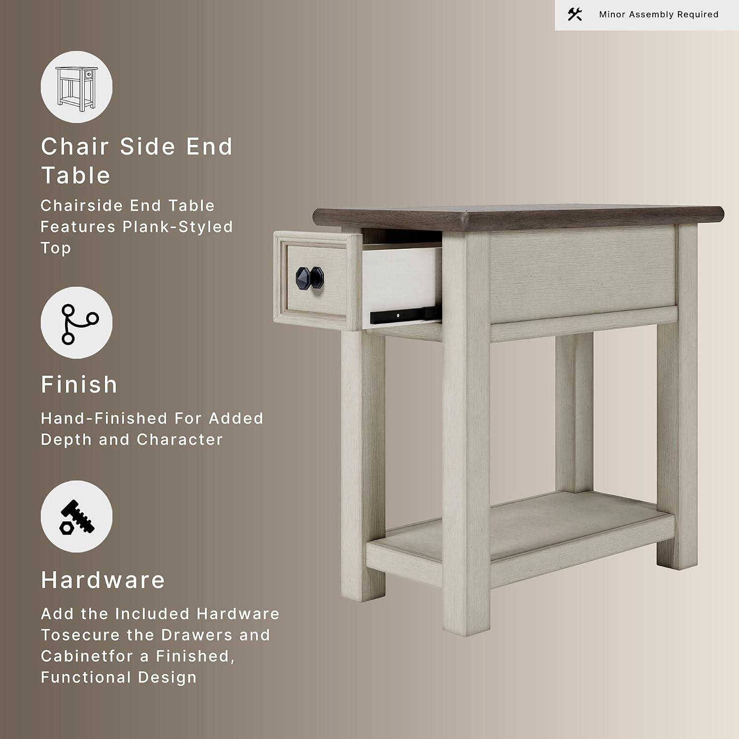 Signature Design by Ashley Bolanburg Chairside End Table With Charging Station, Two-Tone Wood Accent Table With Drawer Storage, Plank Top Design for Living Room or Bedroom, Antique White