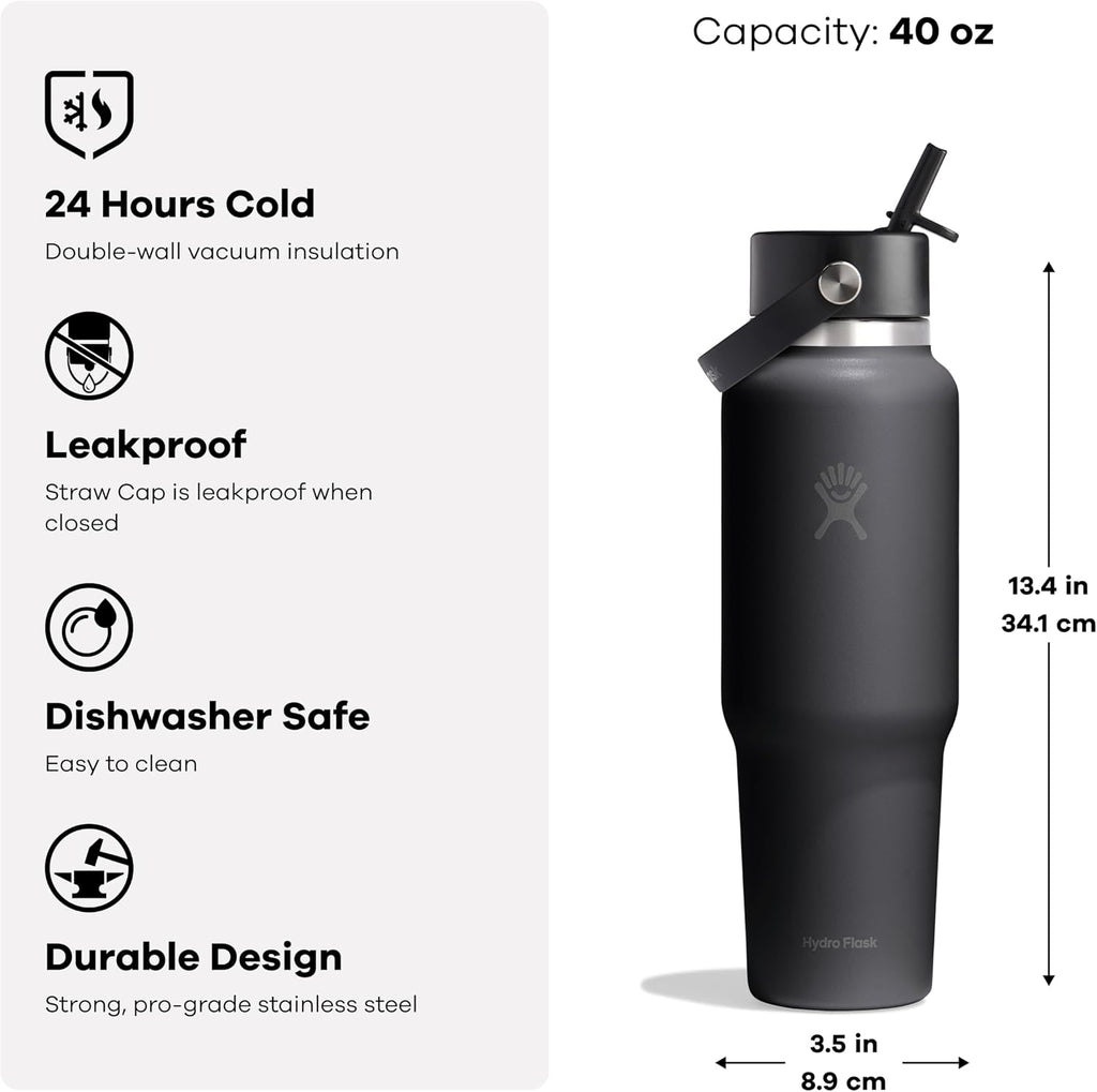 Hydro Flask Travel Water Bottle - Insulated Stainless Steel - Wide Straw Lid, Non Spill, Leakproof in 40 Oz Mermaid Green