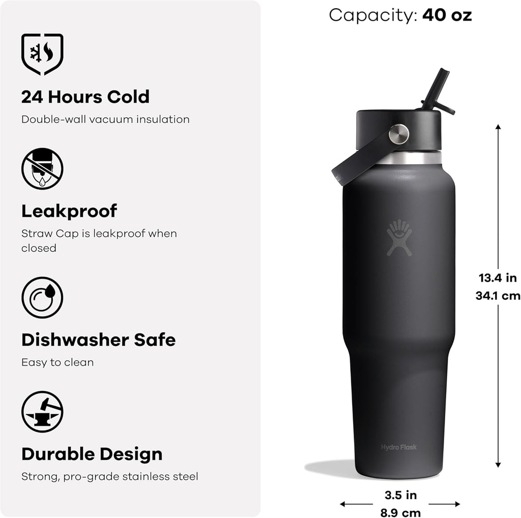 Hydro Flask Travel Water Bottle - Insulated Stainless Steel - Wide Straw Lid, Non Spill, Leakproof in 40 Oz Shale Gray