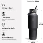 Hydro Flask Travel Water Bottle - Insulated Stainless Steel - Wide Straw Lid, Non Spill, Leakproof in 40 Oz Shale Gray