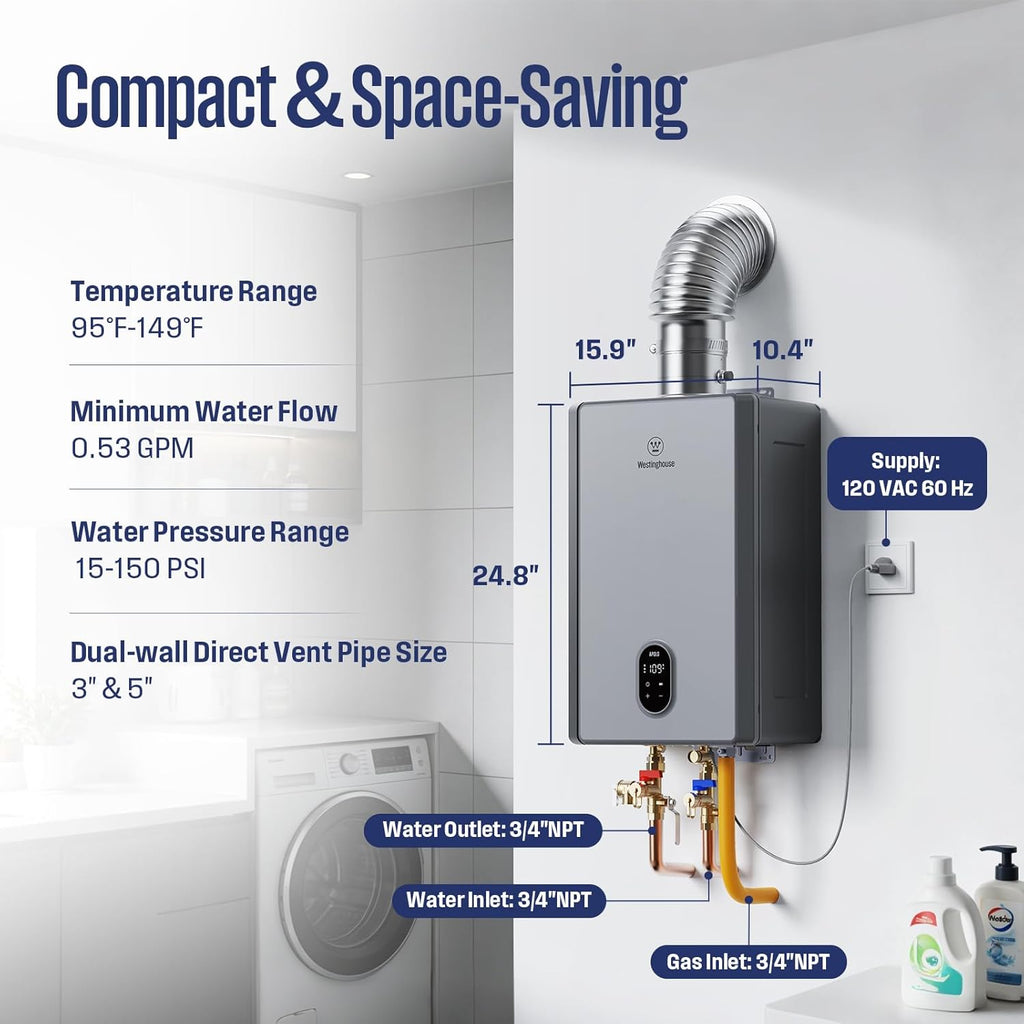 Westinghouse Smart Tankless Water Heater Gas Indoor, 10.3 GPM 199,000 BTU Natural Gas Whole House Instant Hot Water Heater, WiFi App & Voice Control, High Efficiency, Non-Condensing for 7 Fixtures