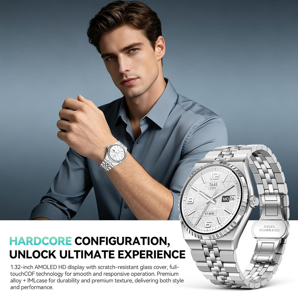 Smart Watch with 1.32" AMOLED Display, Bluetooth 5.4 Calls, 160+ Sports Modes, Fitness Tracker with Heart Rate/SpO2/Blood Pressure/Sleep Monitor, Waterproof Watch for Men Women Android and iOS Silver