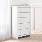 Signature Design by Ashley Mollviney White Coastal Dresser, Tall 5 Drawer Chest, Scalloped Girls Dresser, Engineered Wood and Laminate Bedroom Storage, Matte White, 32" W x 55" H
