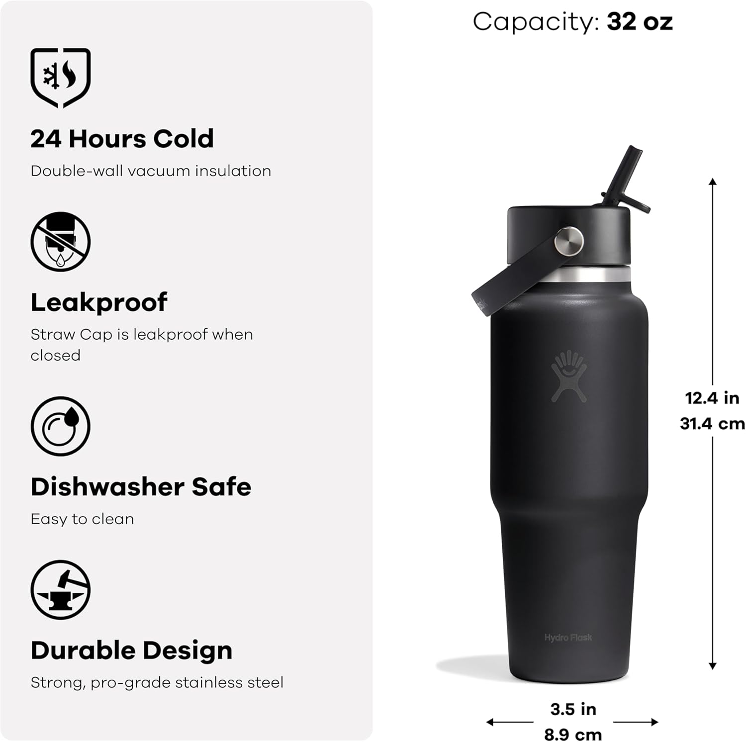 Hydro Flask Travel Water Bottle - Insulated Stainless Steel - Wide Straw Lid, Non Spill, Leakproof in 32 Oz Capri Blue