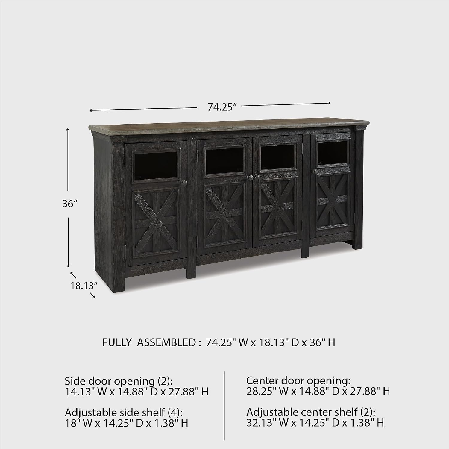 Signature Design by Ashley Tyler Creek Farmhouse TV Stand Fits TVs up to 72", 4 Glass Doors, 3 Adjustable Storage Shelves, Dark Gray