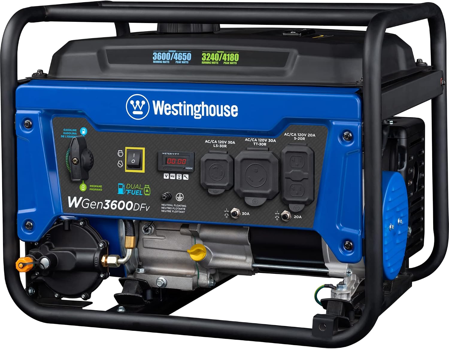 Westinghouse 4650 Peak Watt Dual Fuel Portable Generator, RV Ready 30A Outlet, Gas & Propane Powered