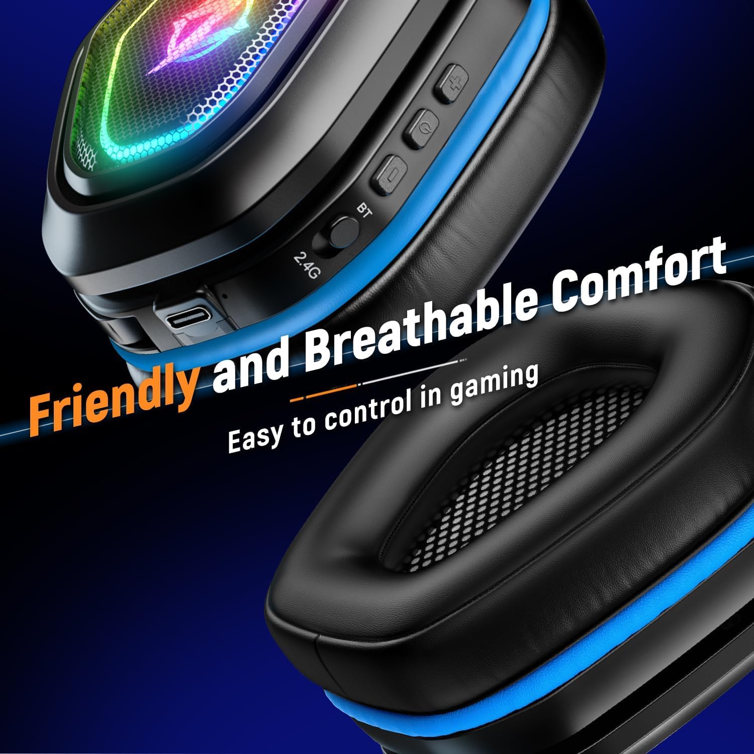 Ozeino 2.4GHz Gaming Headset Wireless with Flip Mic for Ps5, Ps4, PC, Gaming Headphones with RGB Light, 40Hr Battery Bluetooth Headset for Laptop, Mobile, Mac