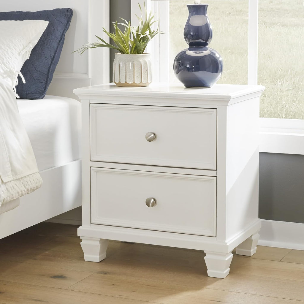 Signature Design by Ashley Fortman White Nightstand, 2 Drawer Storage, Hardwood Solids and MDF Construction, Traditional Wood Bedside Table, 25" W