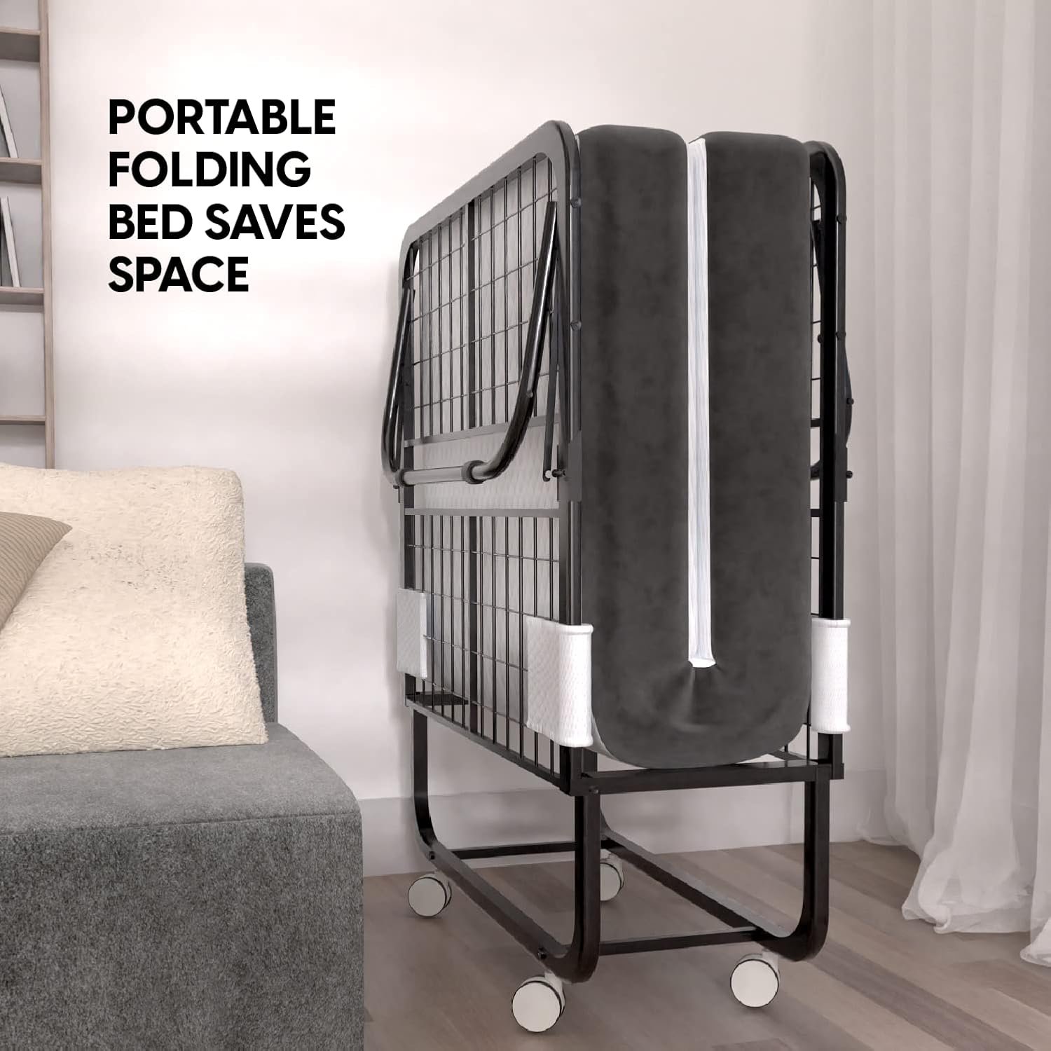 EconoHome Folding Bed with Mattress - 75x38 Twin Size Frame - Portable Rollaway Guest Bed with 5-inch Memory Foam Mattress - Space-Saving Foldable Design for Easy Storage