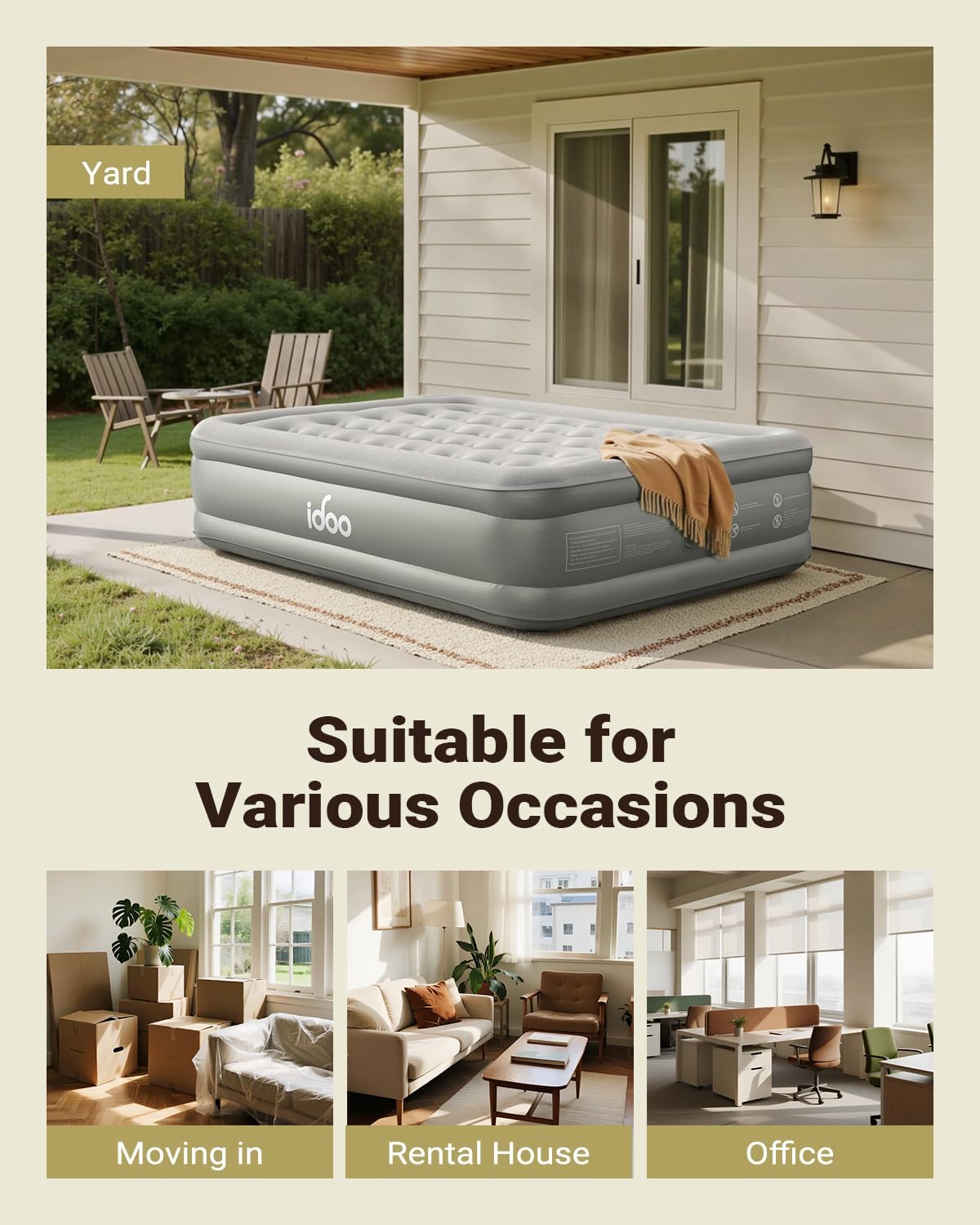 iDOO Air Mattress Queen with Built in Pump, 18 Raised Comfort Inflatable Blow up Mattress, Upgraded Support Structure Portable Air Bed for Guests and Home, Colchon Inflable, 650 lbs Max