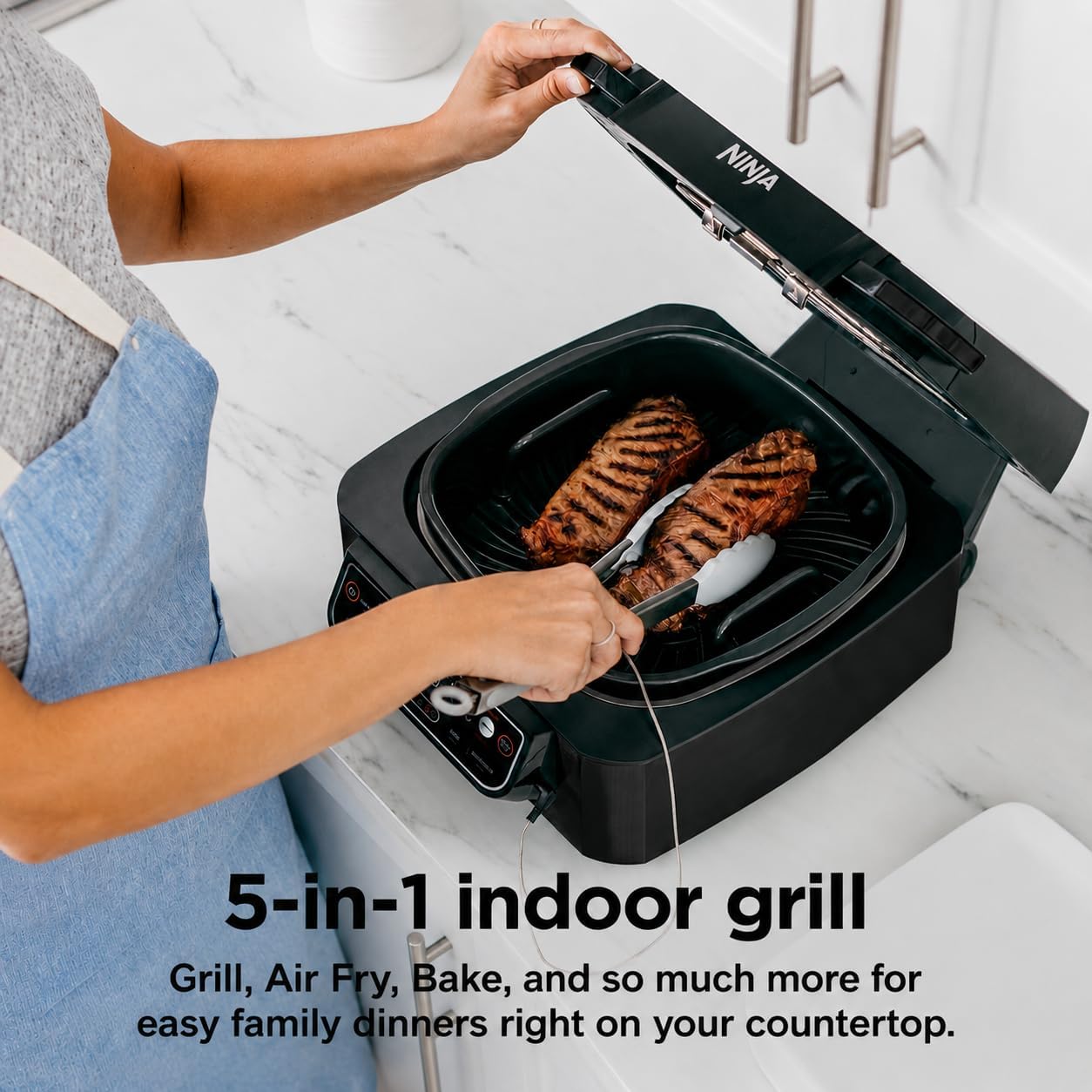 Ninja® Foodi™ Smart 5-in-1 Indoor Grill | With 4-Quart Air Fryer, Roast, Bake, Dehydrate, and Smart Cook System | Black | LG451BK