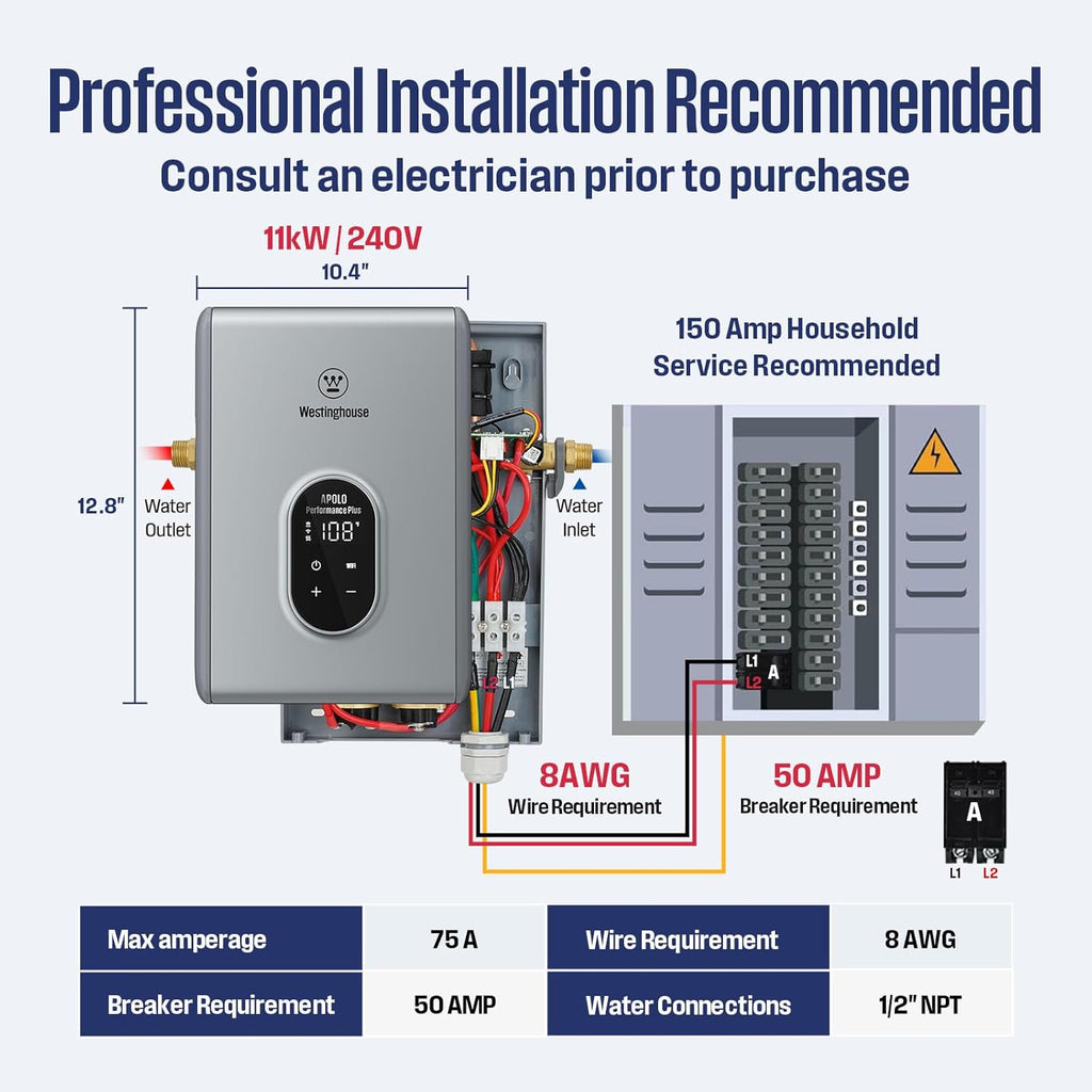 Westinghouse Tankless Water Heater Electric 11kW 240V, Max 2.6 GPM with LED display, On Demand Instant Hot Water Heater, WIFI & Self Modulating High Efficiency, Copper Heating, ETL Certified