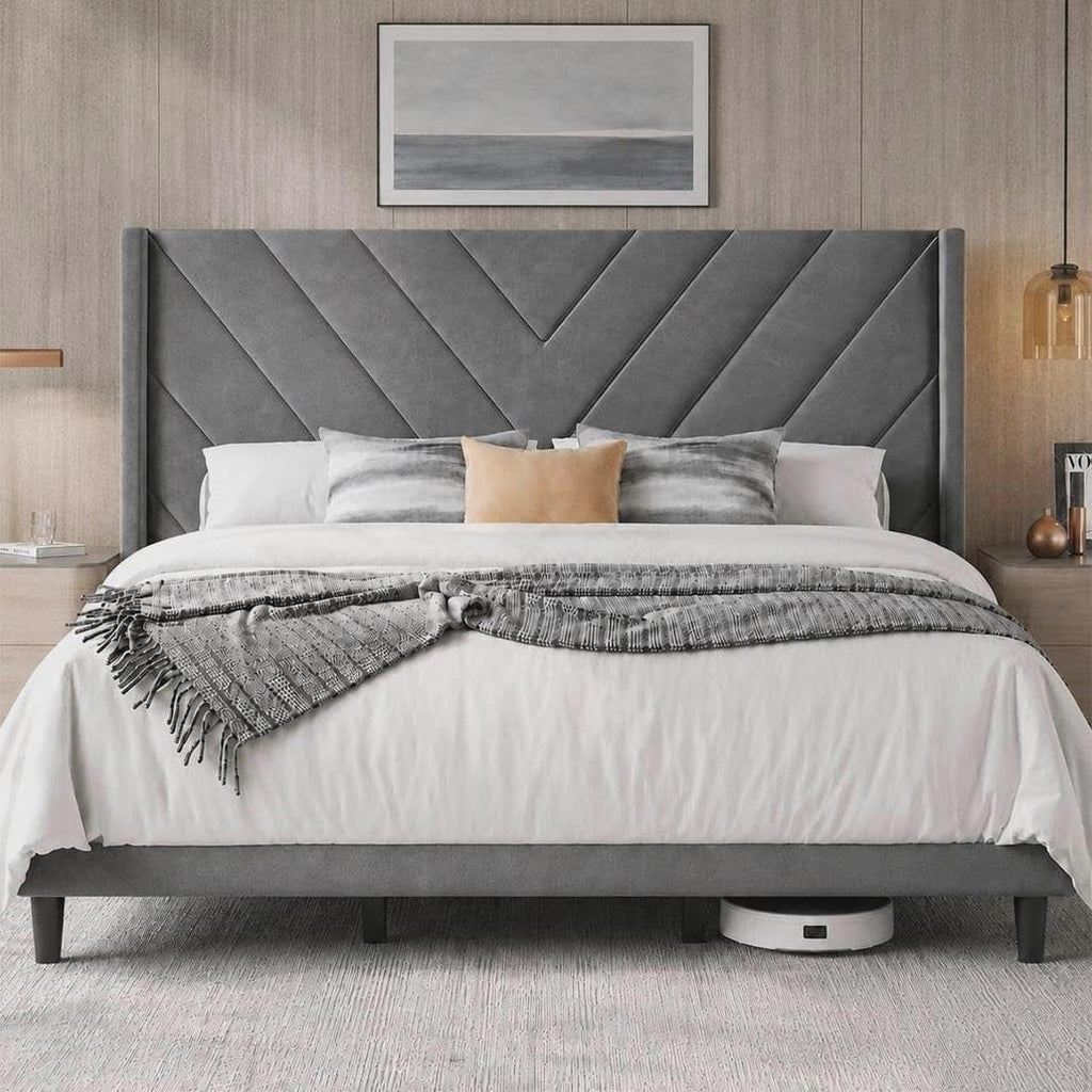 Yaheetech Queen Bed Frame Upholstered Platform Bed/Wooden Slat Support/Tufted Headboard with Wing Side/Mattress Foundation/No Box Spring Needed,Beige Queen