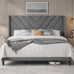 Yaheetech Queen Bed Frame Upholstered Platform Bed/Wooden Slat Support/Tufted Headboard with Wing Side/Mattress Foundation/No Box Spring Needed,Beige Queen