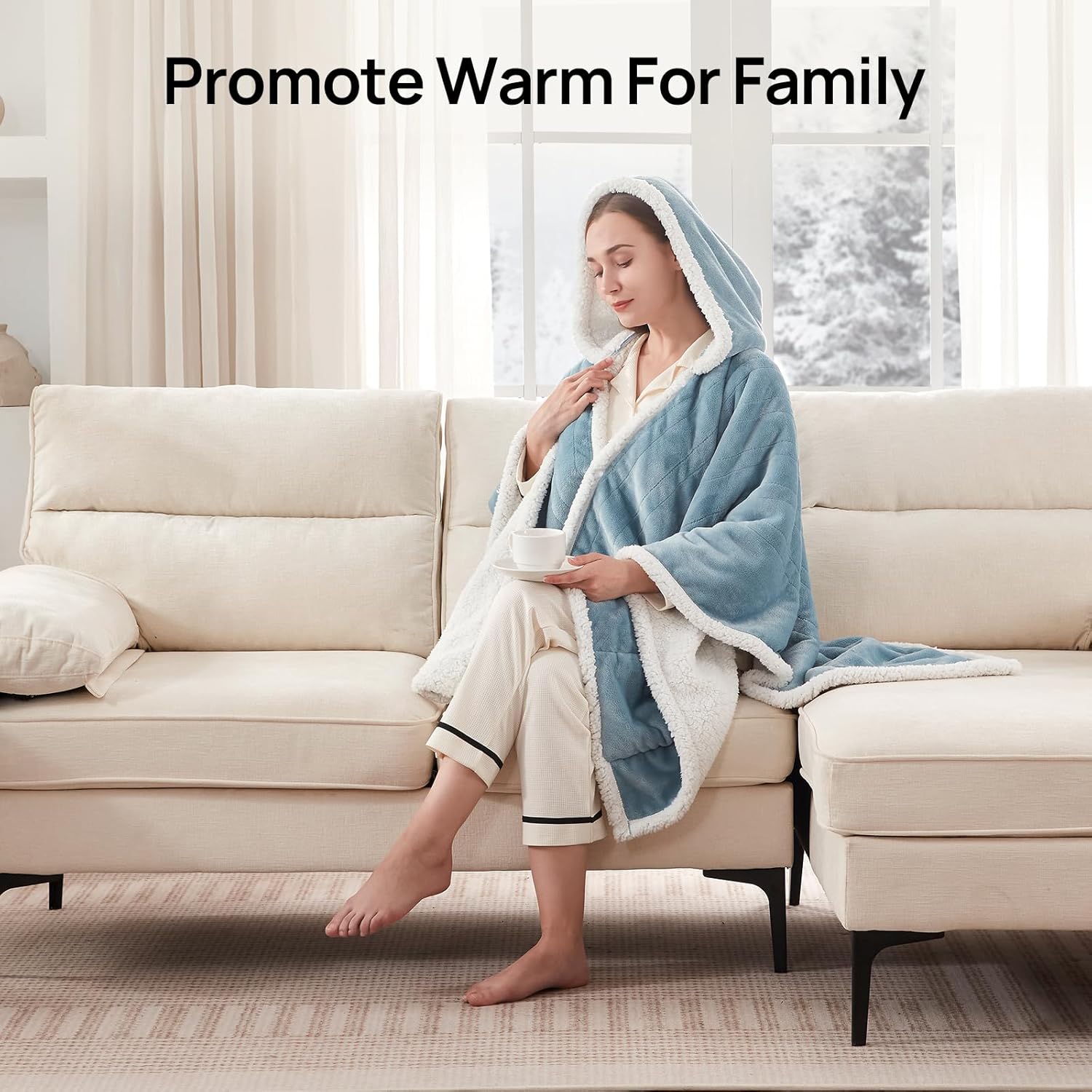 Westinghouse Wearable Heated Throw Blanket, Electric Heated Wrap Poncho Shawl with Pockets, 6 Heating Levels & 2-10 Auto Shut-Off, 50 x 60 Inch, Gift for Family, Friends, Machine Washable, Light Blue