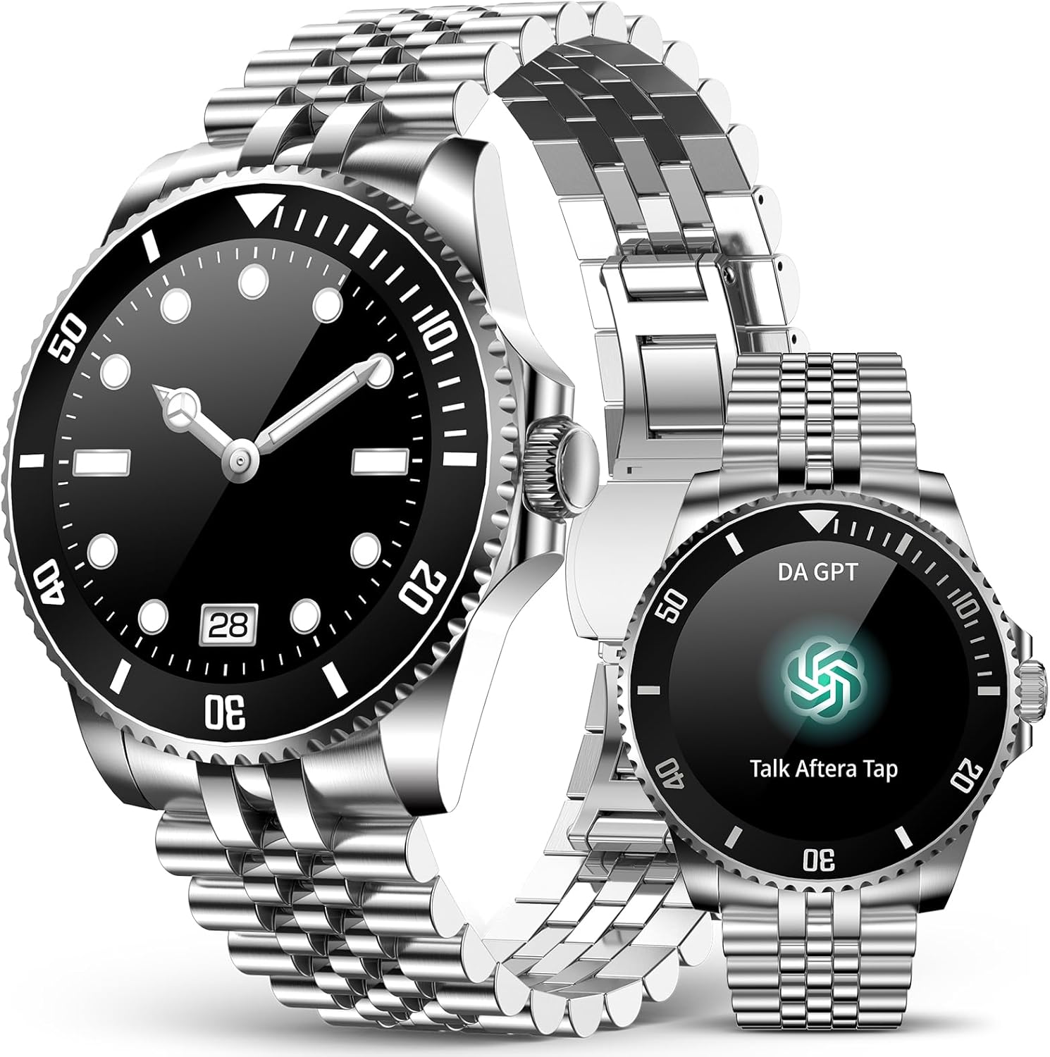 SOUYIE GPT AI Luxury Smart Watch, 24/7 Heart Rate, Blood Oxygen, Blood Pressure, Sleep Monitor, Waterproof Smartwatch, 1.19-inch AMOLED 44mm, 107 Sports Modes, Compatible Android and iOS Silver Black