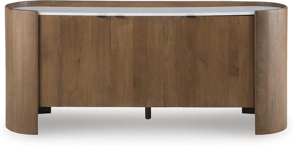 Signature Design by Ashley Fitzroy Accent Cabinet, Contemporary Solid Mango Wood & White Marble Top Sideboard with Anti-Tipping, Soft-Close Doors, Cord Openings, Light Brown & White, 66 Inch