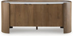 Signature Design by Ashley Fitzroy Accent Cabinet, Contemporary Solid Mango Wood & White Marble Top Sideboard with Anti-Tipping, Soft-Close Doors, Cord Openings, Light Brown & White, 66 Inch