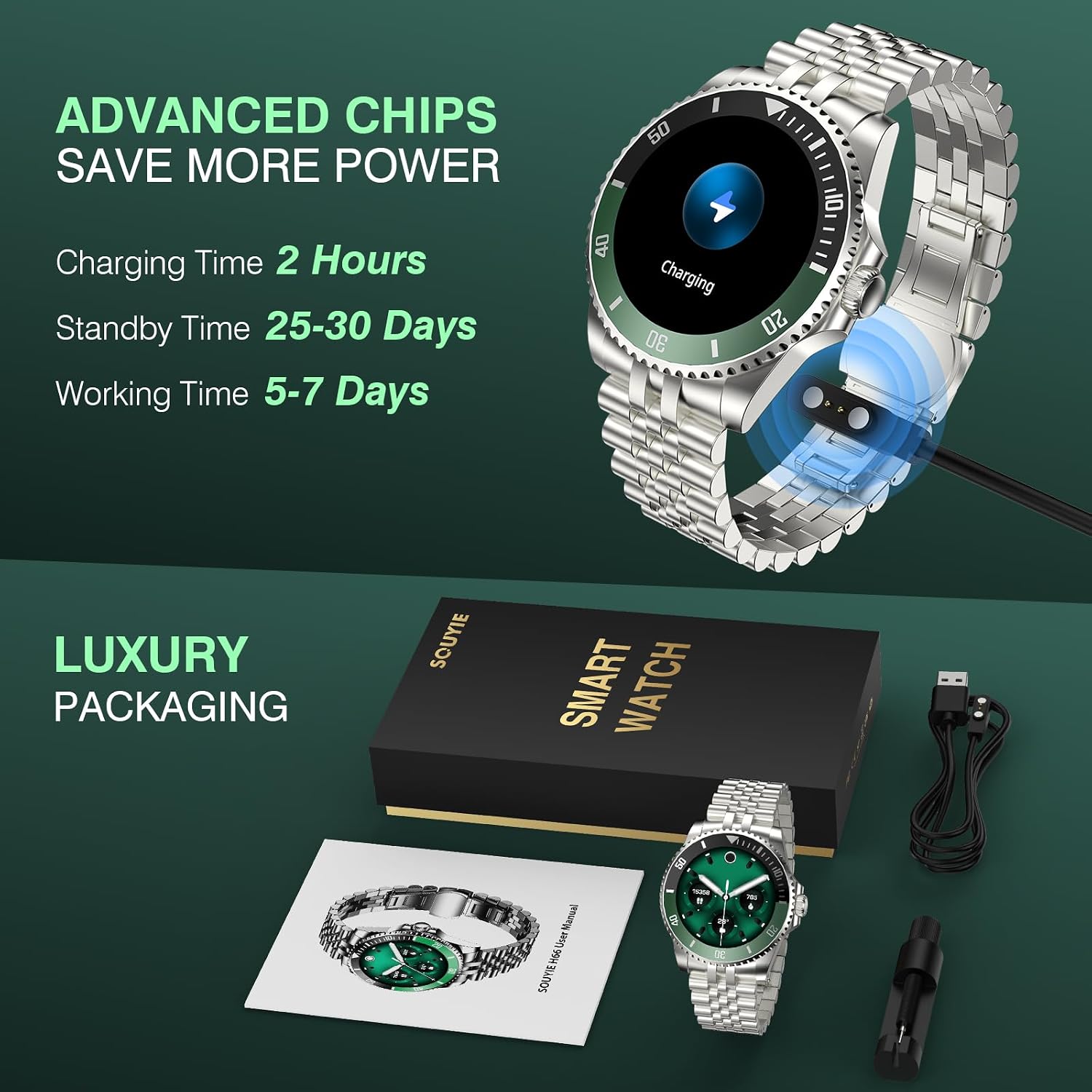 SOUYIE GPT AI Smart Watch for Men, Bluetooth Call Heart Rate Blood Pressure Blood Oxygen Sleep Monitor, 107 Sports Modes 1.19" AMOLED Display Waterproof Fitness Tracker Android iOS, 44mm Silver Green