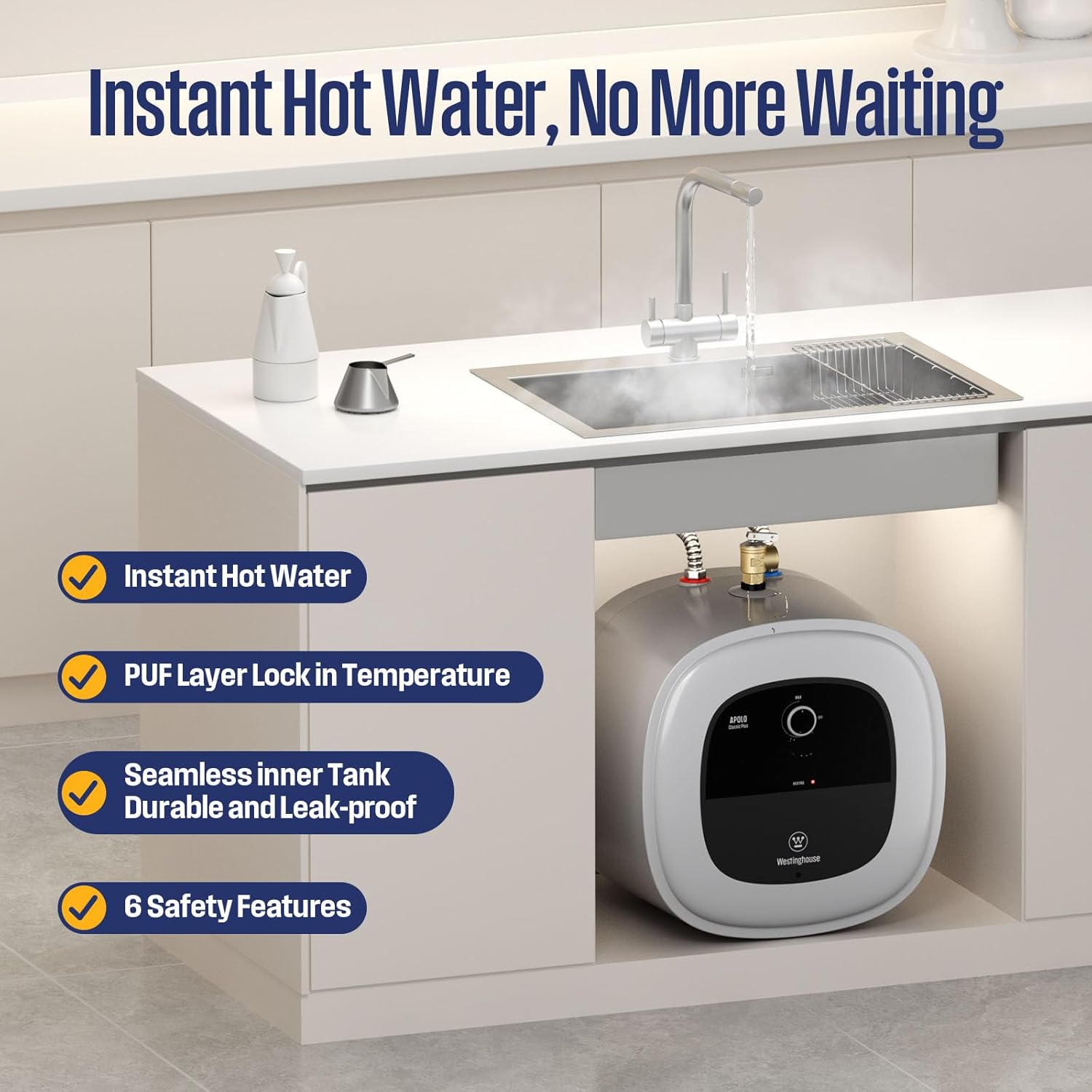 Westinghouse 8 Gallon Electric Mini Tank Water Heater, 120V, 1440W Instant Hot Water for Point of Use, Compact Under Sink & RV Design, Easy Wall/Floor Mount, CSA Listed (Gray)