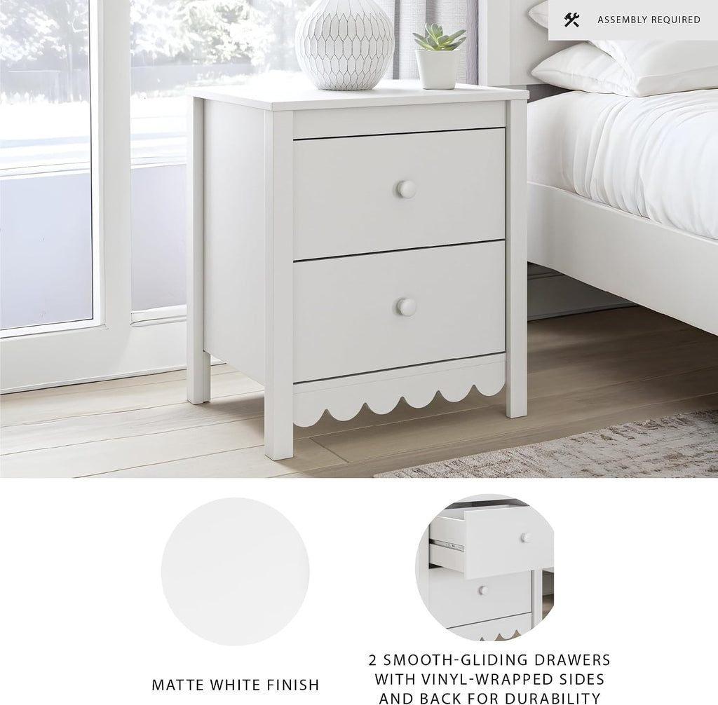 Signature Design by Ashley White Nightstand with 2 Drawers, Hallityn Scalloped Design, Engineered Wood Construction, Storage for Cottage Bedrooms, White, 22" W