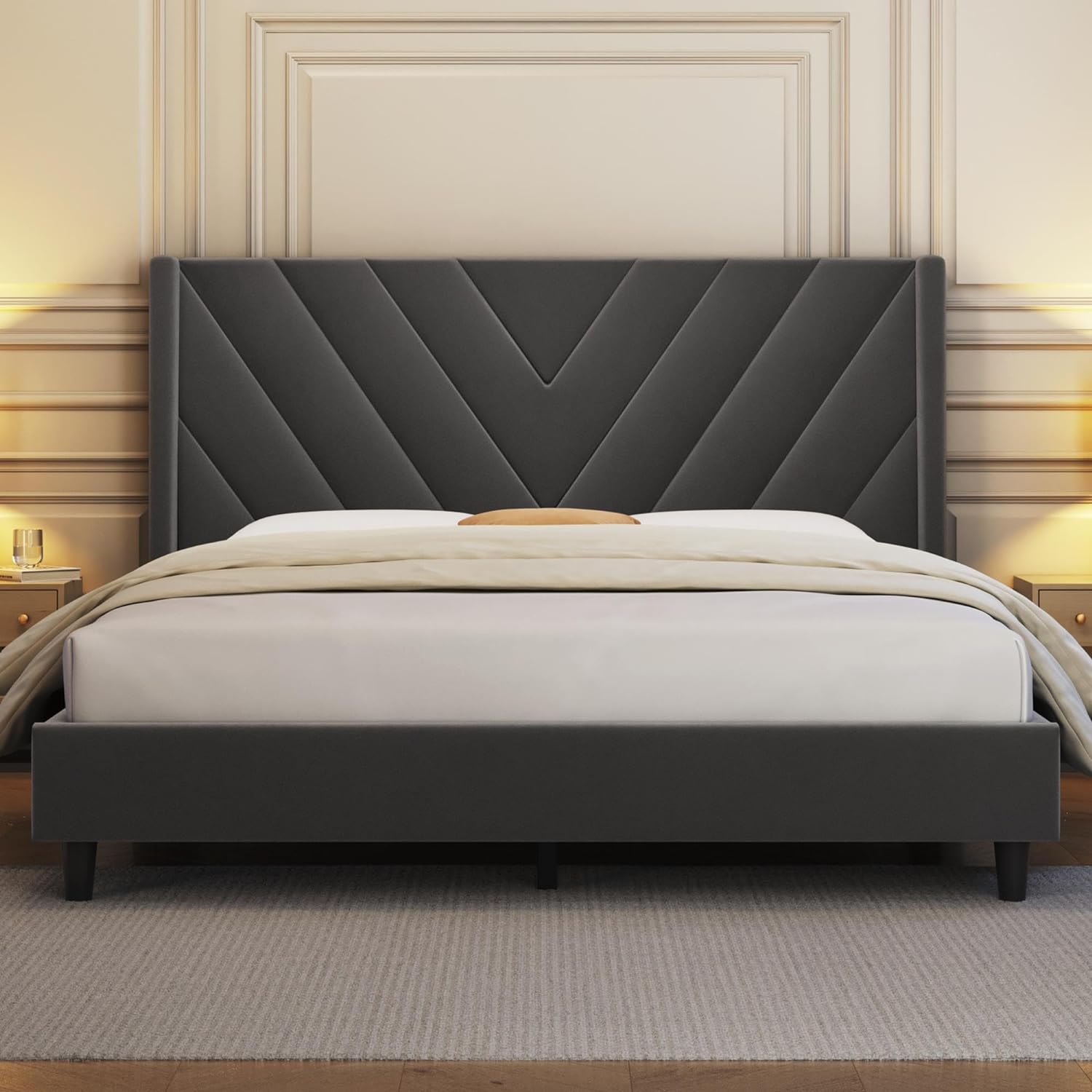 Yaheetech Queen Bed Frame Upholstered Platform Bed/Wooden Slat Support/Tufted Headboard with Wing Side/Mattress Foundation/No Box Spring Needed,Beige Queen