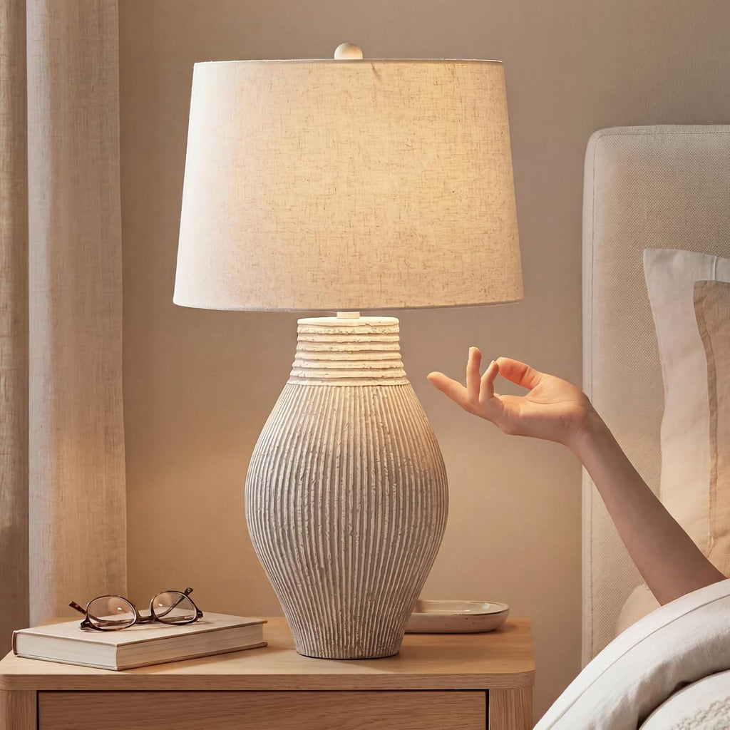 Signature Design by Ashley Layal Modern Table Lamp, Textured Paper Composite Base, Modified Drum Shade, 3-Way Switch Lighting for Living Room or Bedroom, 16 Inch Diameter, Beige
