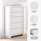 Signature Design by Ashley Mollviney White Coastal Dresser, Tall 5 Drawer Chest, Scalloped Girls Dresser, Engineered Wood and Laminate Bedroom Storage, Matte White, 32" W x 55" H