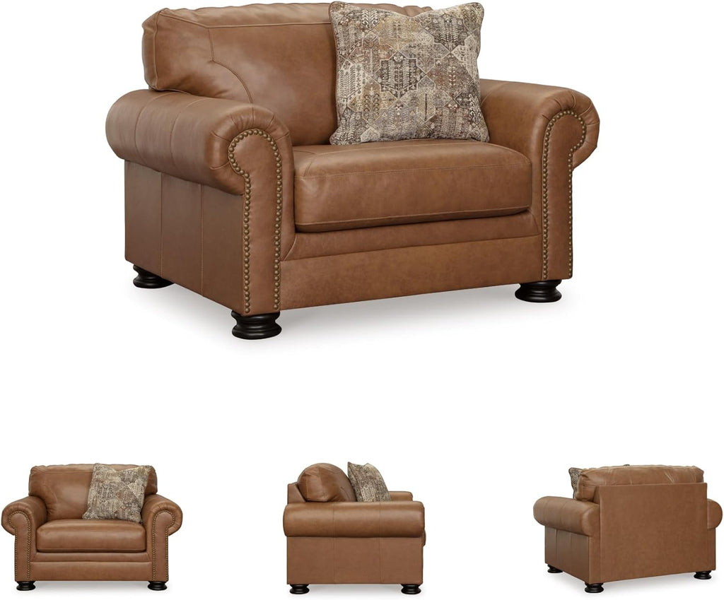 Signature Design by Ashley Carianna Oversized Chair, Fully Assembled Extra Wide Seating, Caramel Combination of Leather and Faux Leather, Traditional Accent Armchair, 54" W