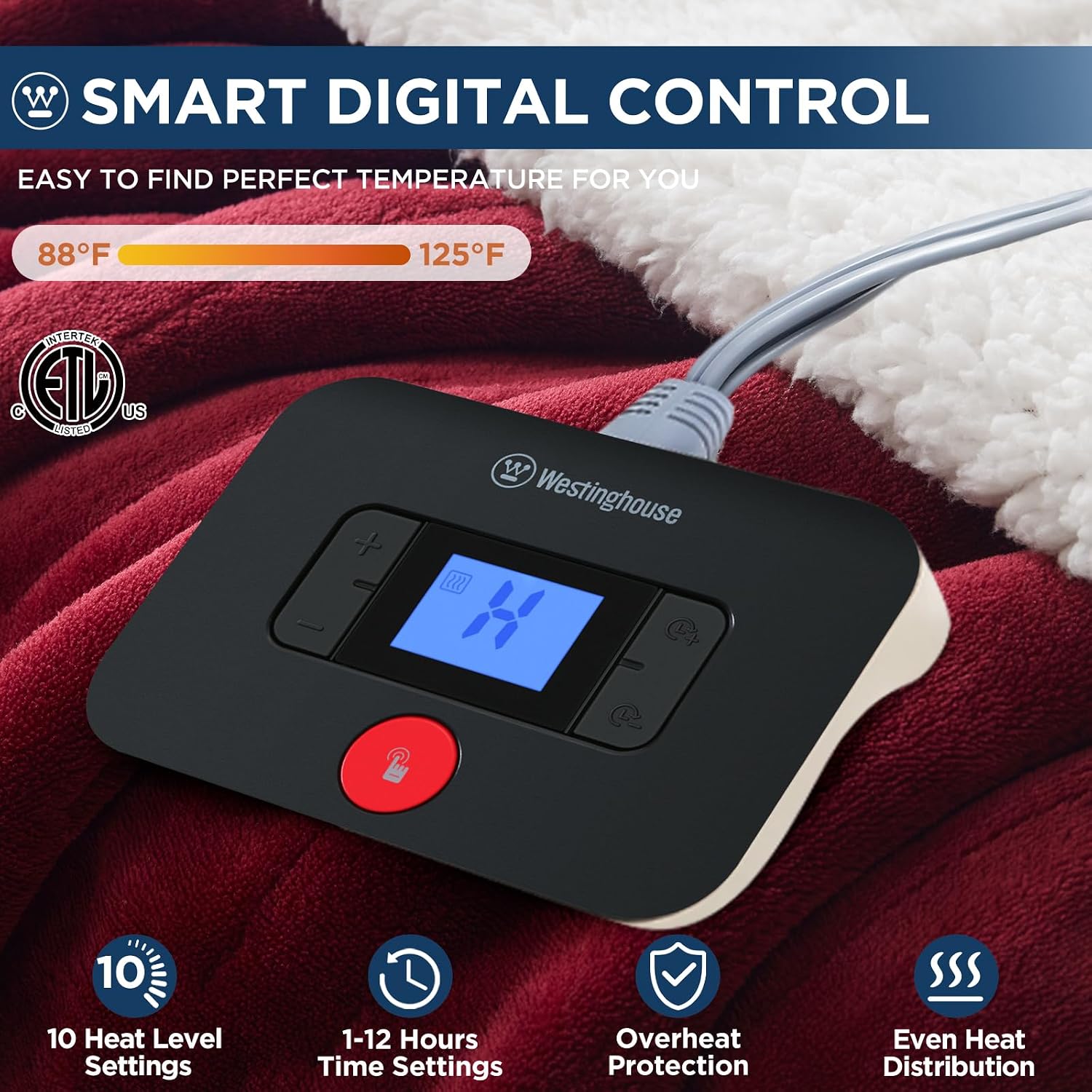 Westinghouse Electric Blanket Full, Heated Blanket Full Size with 10 Heating Levels and 1 to 12 Hours Heating Time Settings, Flannel to Sherpa Reversible, Machine Washable (80" x 84", Red)