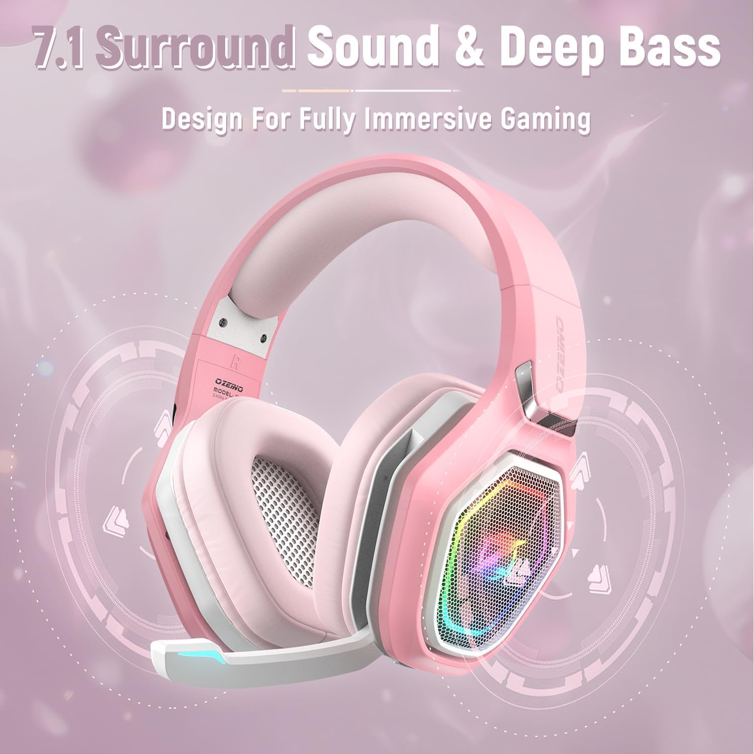 Ozeino 2.4GHz Wireless Gaming Headset with Microphone, 2.4G USB & Type C Transmitter - 30h Battery Life - RGB Lighting Gaming Headphones for PS5, PS4, PC, Phone