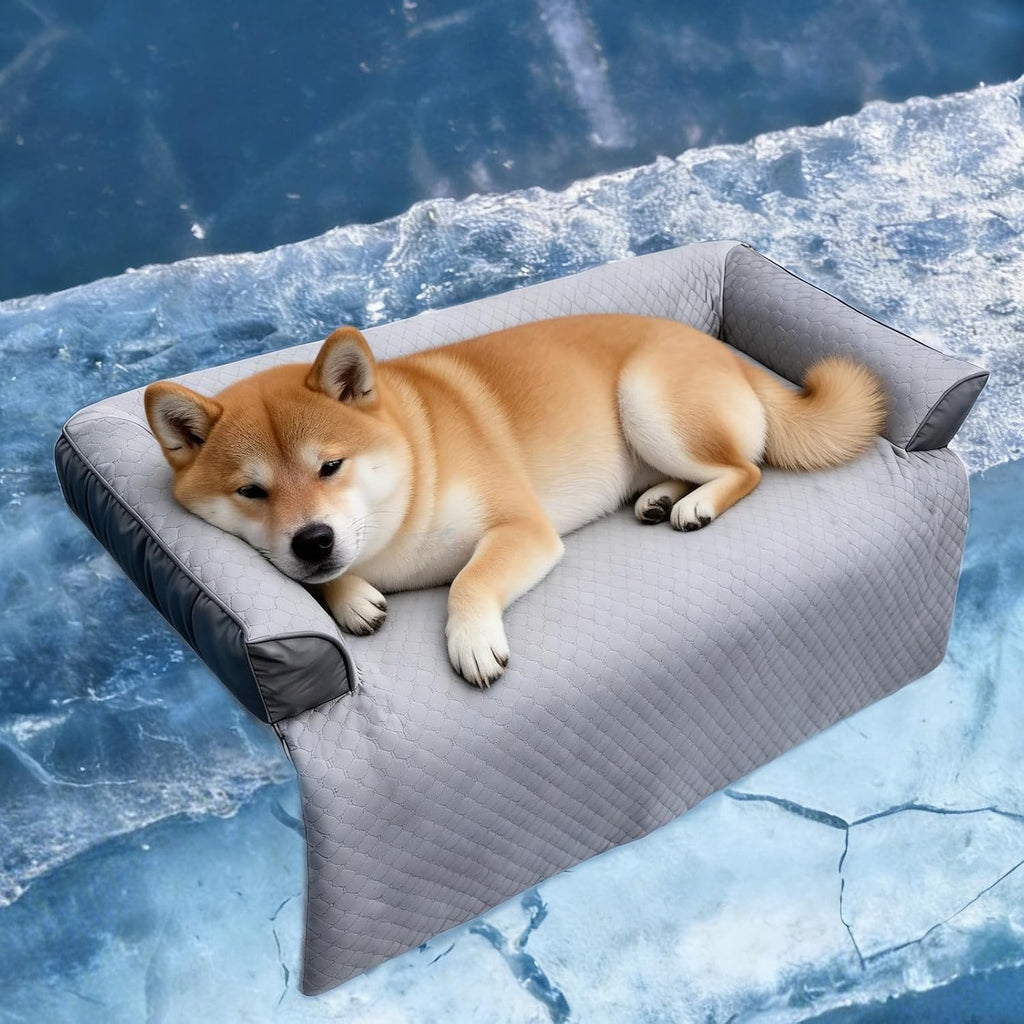 GGIB Cooling Dog Bed Mat with Bolster Pillow Washable Dog Couch Cover Breathable Summer Pet Couch Bed Protector Indoor(Large, Cooling Grey)