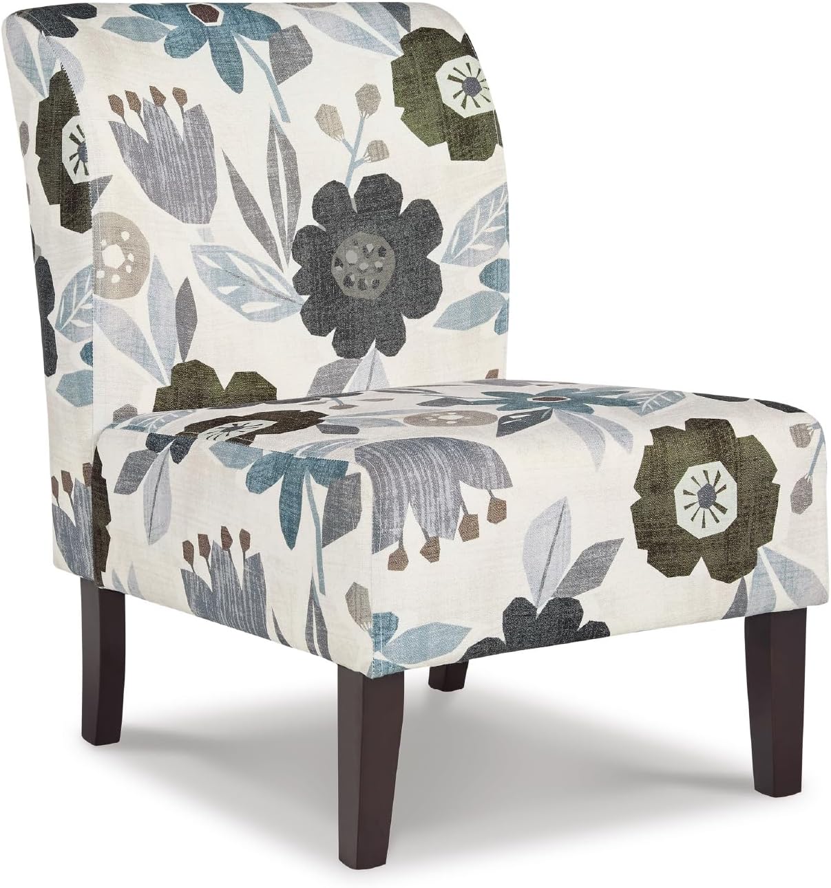 Signature Design by Ashley Triptis Floral Armless Accent Chair with Attached Cushions, Fabric Upholstery, Wood Legs, 16.63" Seat Height, White, Blue & Gray