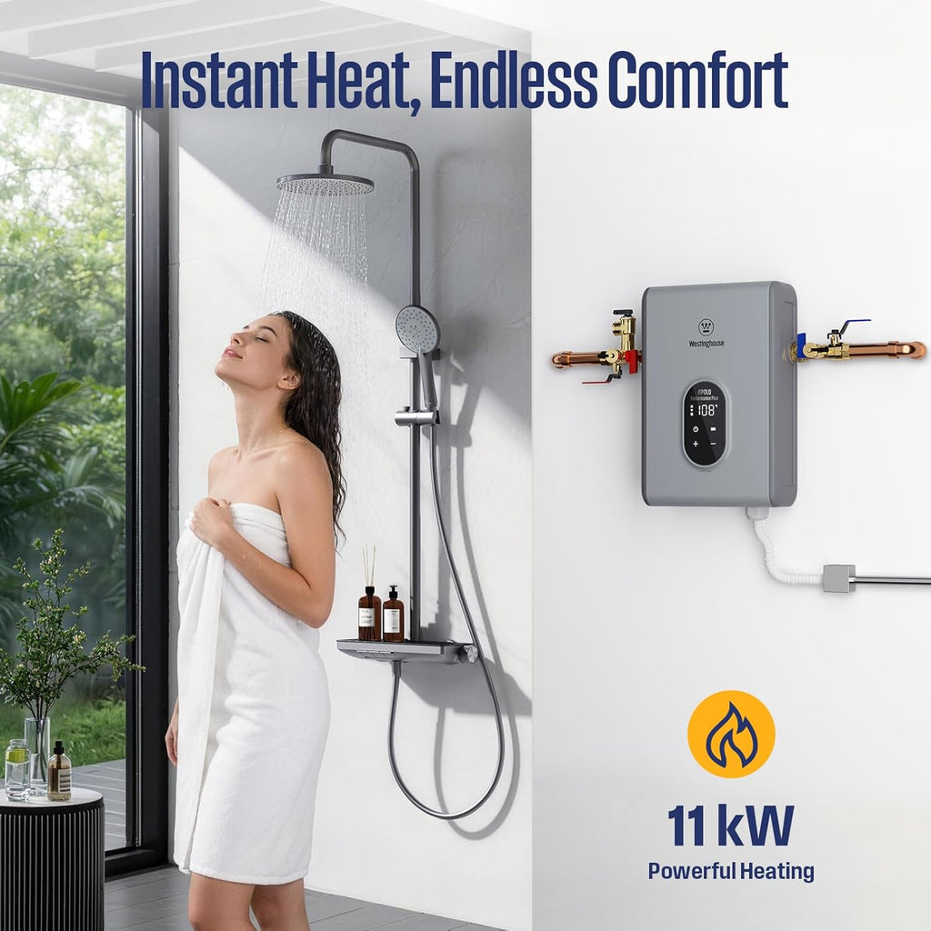 Westinghouse Tankless Water Heater Electric 11kW 240V, Max 2.6 GPM with LED display, On Demand Instant Hot Water Heater, WIFI & Self Modulating High Efficiency, Copper Heating, ETL Certified