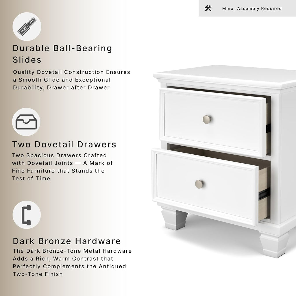 Signature Design by Ashley Fortman White Nightstand, 2 Drawer Storage, Hardwood Solids and MDF Construction, Traditional Wood Bedside Table, 25" W