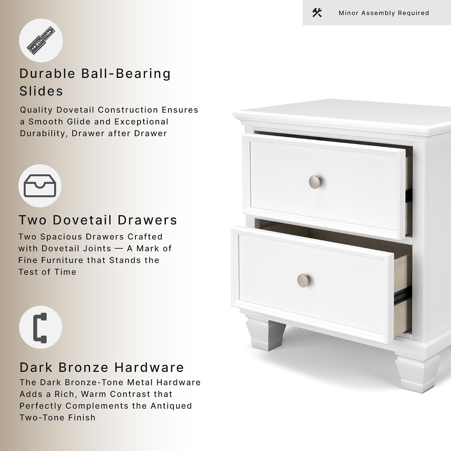 Signature Design by Ashley Fortman White Nightstand, 2 Drawer Storage, Hardwood Solids and MDF Construction, Traditional Wood Bedside Table, 25" W