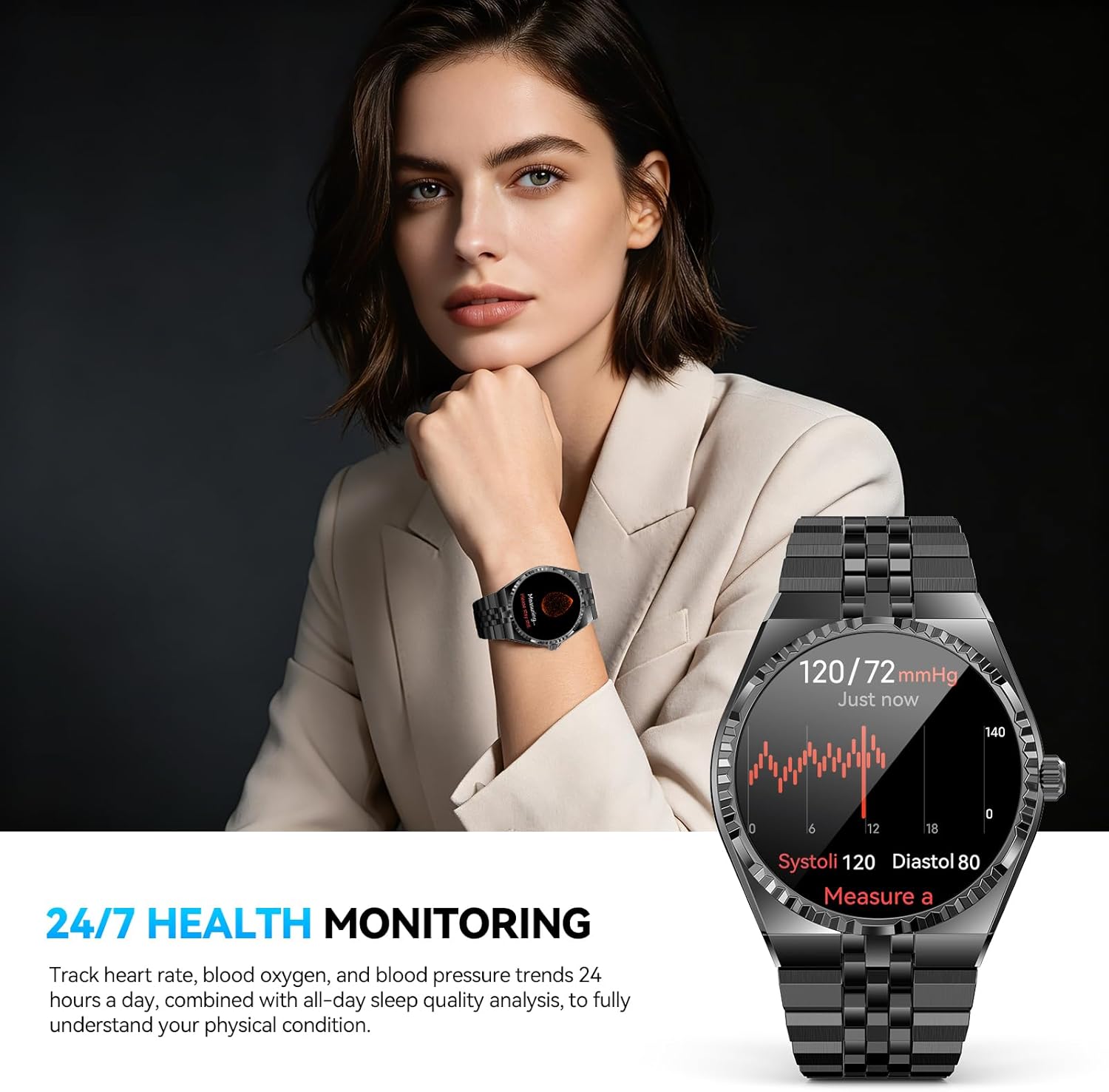 Luxury Smart Watch with Bluetooth Calls, Heart Rate/Blood Pressure/Blood Oxygen/Sleep Monitor, 1.32" AMOLED Display, 160+ Sports Modes, IP68 Waterproof, Compatible with iOS Android for Men Women Black