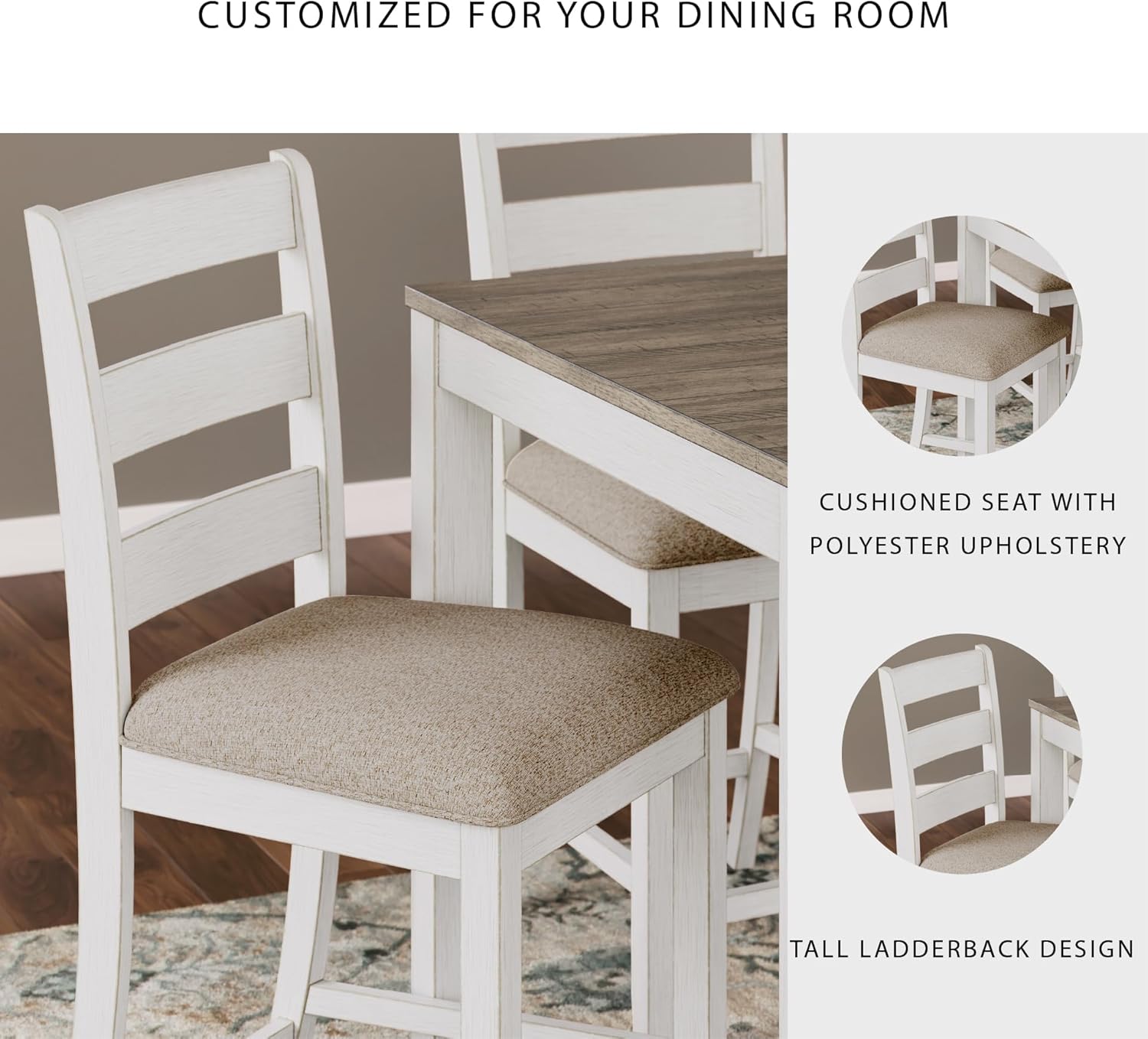 Signature Design by Ashley Skempton 7-Piece Counter Height Dining Table Set for 6, Solid Wood Frames and Acacia Veneer, Cushioned Bar Stools, White and Light Brown