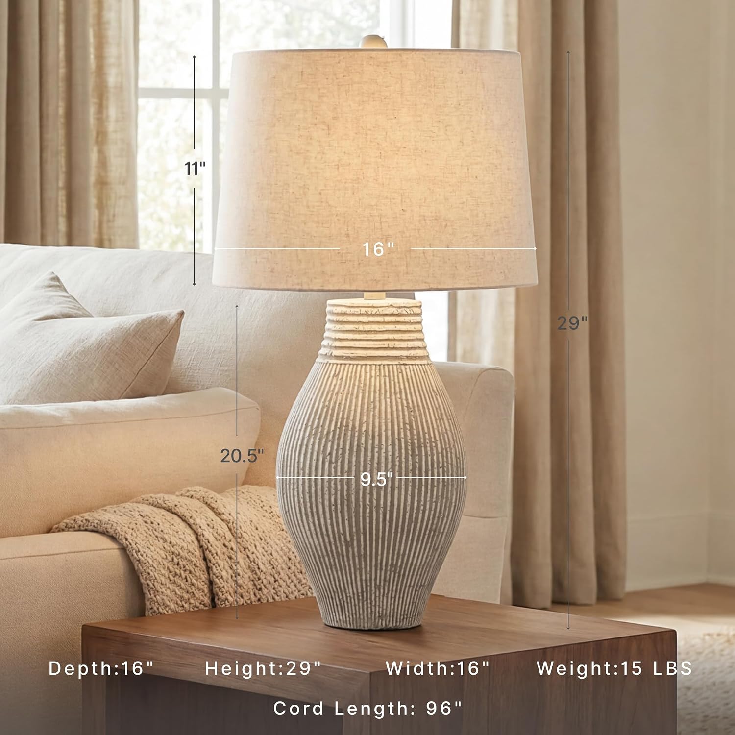 Signature Design by Ashley Layal Modern Table Lamp, Textured Paper Composite Base, Modified Drum Shade, 3-Way Switch Lighting for Living Room or Bedroom, 16 Inch Diameter, Beige