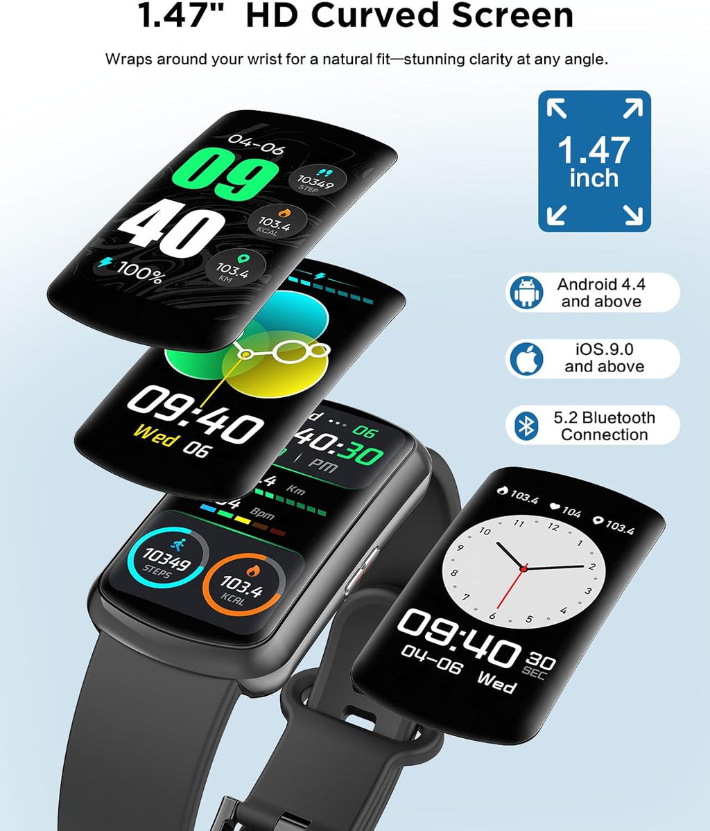 SOUYIE Smart Watch Fitness Trackers for Men Women, 1.47″ HD Curved Screen, 24/7 Heart Rate/SpO2/ Blood Pressure Monitor, Sleep Tracker, 110+ Sports Modes, Waterproof Activity Tracker for Android iOS