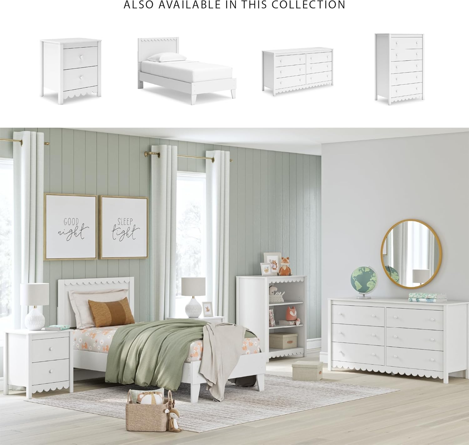 Signature Design by Ashley Hallityn Twin Panel Platform Bed, Casual Scalloped Bed Frame, Engineered Wood, for Kids and Youth Bedrooms, Matte White