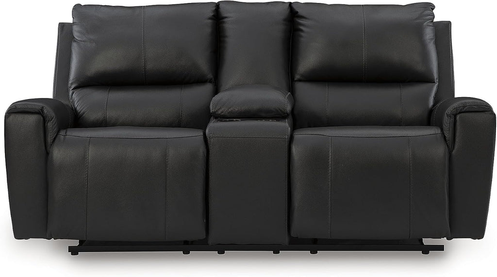 Signature Design by Ashley Glassmere Contemporary Leather Match Reclining Loveseat with Console, 2 Cup Holders and Storage, Black