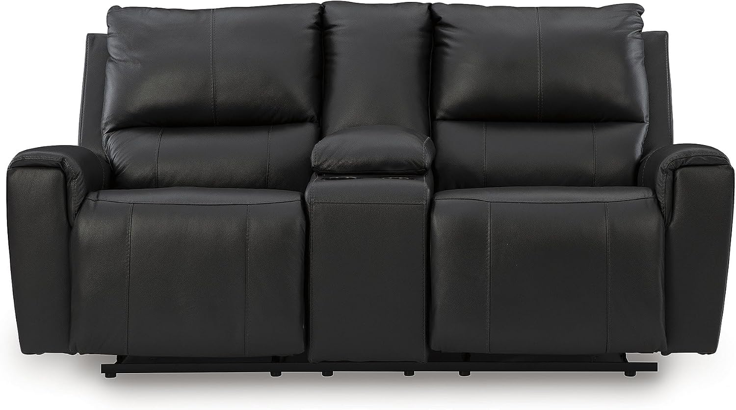 Signature Design by Ashley Glassmere Contemporary Leather Match Reclining Loveseat with Console, 2 Cup Holders and Storage, Black