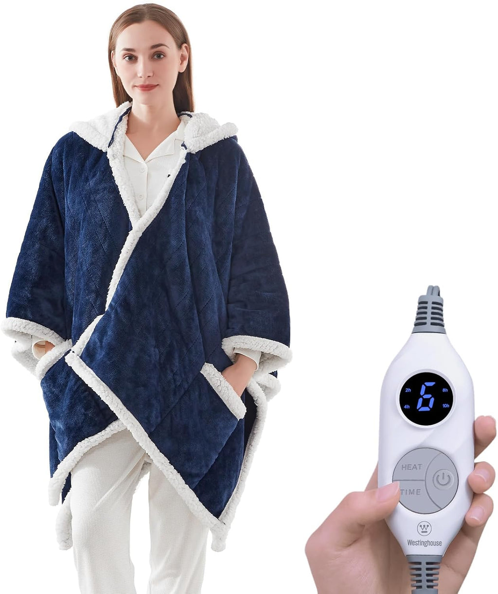 Westinghouse Wearable Heated Throw Blanket, Electric Heated Wrap Poncho Shawl with Pockets, 6 Heating Levels & 2-10 Auto Shut-Off, 50 x 60 Inch, Gift for Family, Friends, Machine Washable, Navy