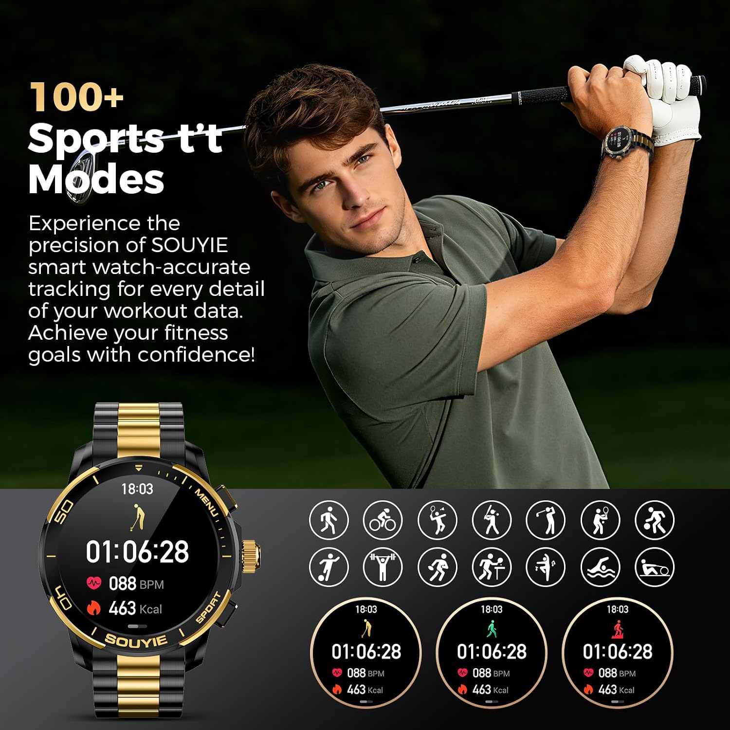 SOUYIE SW-7 Lux Smart Watch for Men, High-Gloss Ceramic Bezel & Two-Tone Steel, 1.43" AMOLED Display, AI GPT Voice Assistant, Bluetooth Calls, Health Monitor, 100+ Sports Modes, Compatible iOS Android