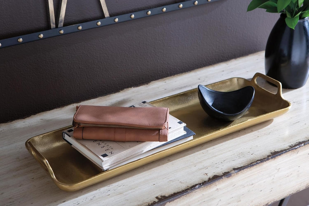 Signature Design by Ashley Posy Contemporary Decorative Metal Serving Tray with Handles, Display Only, Not Food Safe, Cast Aluminum, 24" Length, Gold Finish